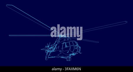 Detailed blueprint of a military helicopter contour on a solid blue background. The technical drawing clearly shows the main rotor, tail, and cockpit Stock Vector