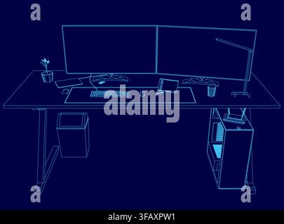 A modern computer setup with dual monitors and a keyboard on a desk, featuring a potted plant and a coffee cup against a clean blue background. Stock Vector