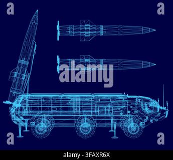 A detailed 3D wireframe model of a military missile on a blue background reveals the internal components and launch vehicle structure. Stock Vector
