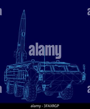 A military vehicle blueprint features a missile launcher on a truck chassis, presented as a technical wireframe illustration against a dark blue backg Stock Vector