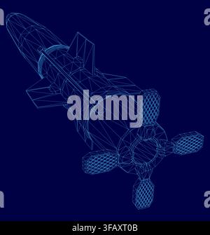 A detailed 3D wireframe model of a military rocket stands out against a solid blue background. The realistic white mesh provides a stark and clean tec Stock Vector