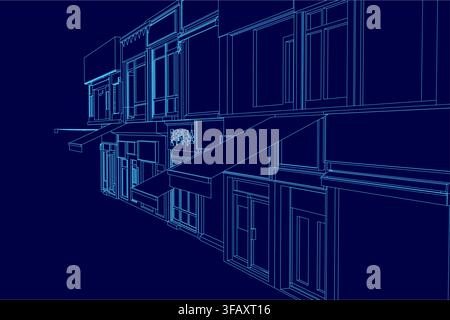 Detailed blueprint of an Asian-style shop building on a dark blue background, featuring clear architectural contours, windows, and doors. Stock Vector