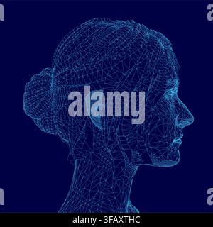 Low polygonal wireframe of a woman's face on a blue background, featuring intricate geometric lines and shapes. Stock Vector
