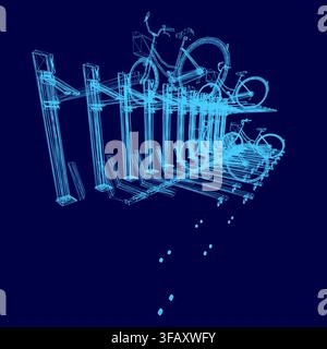 A 3D wireframe bicycle rack on a solid blue background, composed of multiple uniquely designed bicycles. The stark white lines contrast sharply with t Stock Vector