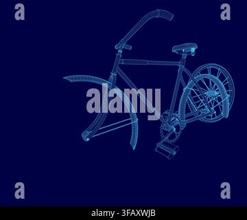 A detailed 3D wireframe model of a bicycle blueprint is displayed on a solid blue background, showcasing its mechanical design and structure. Stock Vector