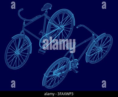 A detailed 3D wireframe blueprint of two bicycles stands out against a solid blue background. The realistic rendering highlights the intricate frame a Stock Vector