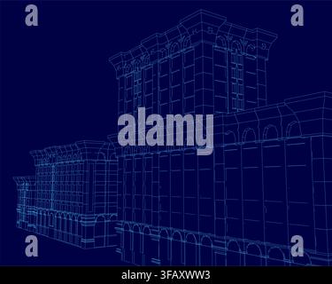A detailed 3D wireframe model of a modern building blueprint, displayed on a solid blue background to highlight its architectural structure and design Stock Vector