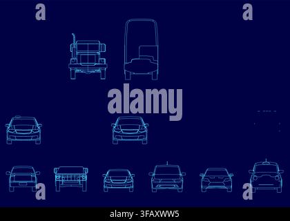 A set of car and truck blueprints in clean contour lines against a solid blue background, ideal for automotive design concepts. Front view Stock Vector