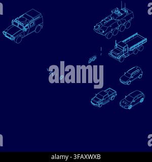 A set of car and truck blueprints in clean contour line art, isolated on a solid blue background for versatile design use. Isometric view Stock Vector