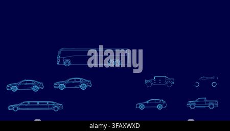A set of car and truck blueprints in clean white contour lines on a solid blue background, showcasing detailed vehicle designs for automotive concepts Stock Vector