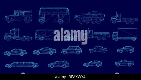 Blueprint wireframe set of cars and trucks on a blue background, providing detailed technical views of various vehicle types. Side view Stock Vector