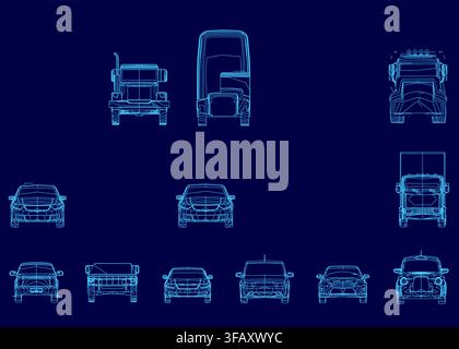 A set of car contours including a truck and two sedans arranged in a grid on a solid blue background. Each vehicle features a distinct minimalist desi Stock Vector