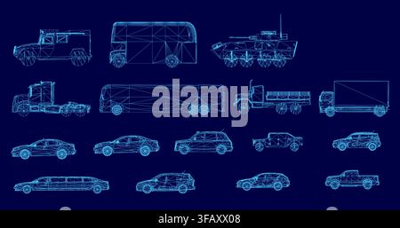 Blueprint wireframe set of cars and trucks on a blue background, providing detailed technical views of various vehicle types. Side view Stock Vector