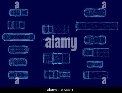 Blueprint car design with detailed wireframe set on a blue background, showcasing engineering plans and technical specifications. Top view Stock Vector