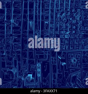 A blue and white architectural wireframe blueprint depicts a densely packed room resembling a bustling cityscape. The space is filled with various obj Stock Vector