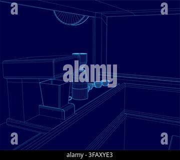 A 3D wireframe model of a coffee maker stands on a table, surrounded by cups and utensils against a deep blue background. Stock Vector