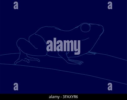 A blue contour drawing of a frog sits isolated on a matching solid background. Stock Vector