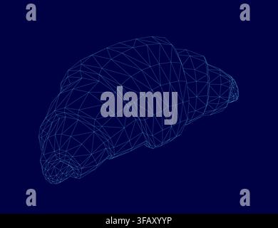 A low polygonal croissant wireframe illustration composed of intricate lines and geometric shapes rests on a solid blue background. Stock Vector