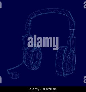 Lowpoly wireframe headphones with a sleek modern design feature a detailed black and white color scheme on a solid blue background. Stock Vector