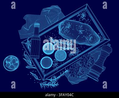 A wireframe box on a blue background contains a curated selection of food items, a bottle, and a small plant. Stock Vector