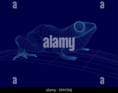 A 3D wireframe model of a frog is displayed against a solid blue background. The detailed mesh structure reveals the underlying form and anatomy of th Stock Vector