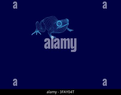 A 3D frog model with a detailed wireframe overlay sits on a solid blue background. The realistic rendering and stark color contrast make the amphibian Stock Vector