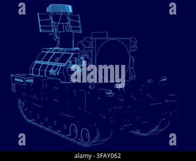 A detailed blueprint of a military anti-aircraft missile system, featuring the tank chassis, turret, and tracks against a solid blue background. Stock Vector