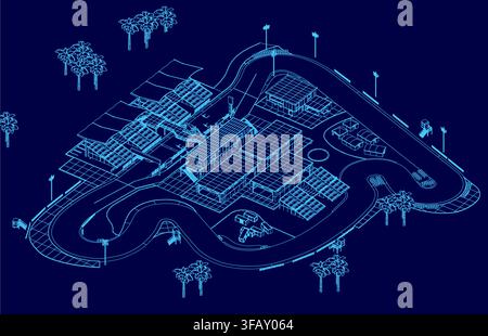 A detailed race track blueprint features numerous buildings and trees within its landscape contour, all set against a dark blue background. Isometric Stock Vector