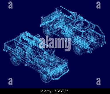 A military vehicle blueprint on a blue background reveals detailed wireframe design, machine components, and mounted gun placements. Isometric view Stock Vector