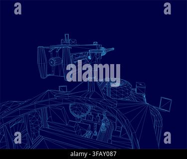 A detailed blueprint of a military vehicle or machine, presented in a technical wireframe style on a blue background. The schematic highlights complex Stock Vector