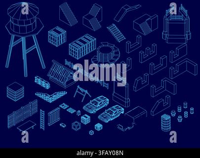 A low poly pack of isometric map assets, including a water tower, arranged on a clean blue background for game design or presentations. Isometric view Stock Vector