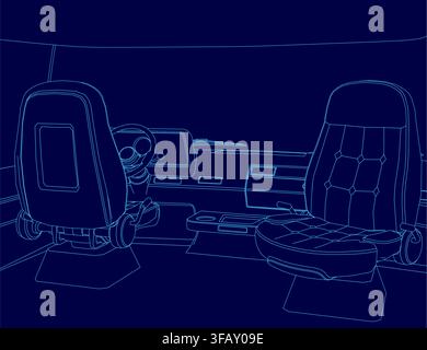 A minimalist blue contour drawing of a van interior features two seats, a steering wheel, and a detailed dashboard. Stock Vector