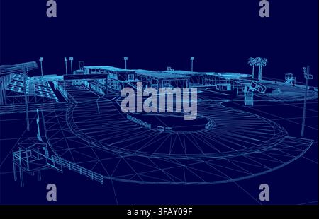 A 3D wireframe model of a futuristic building with a spiral staircase stands within a conceptual landscape featuring trees and poles on a deep blue ba Stock Vector