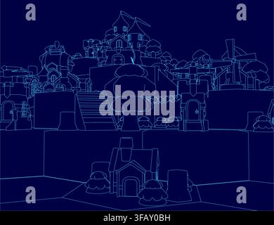 Ancient low poly city contour features a central castle and various buildings on a dark blue background. The geometric illustration uses clean lines a Stock Vector