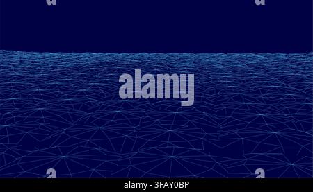 Abstract wireframe pattern with symmetrical lines and dots on a blue background creates a sense of depth and dimension. Stock Vector