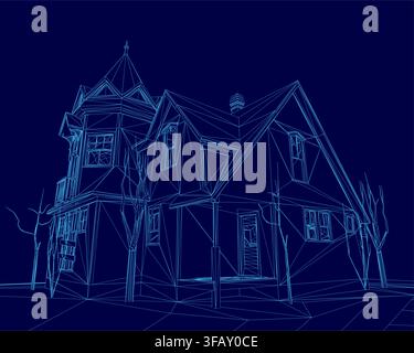 An abandoned house blueprint wireframe on a dark blue background, surrounded by stylized trees. Stock Vector