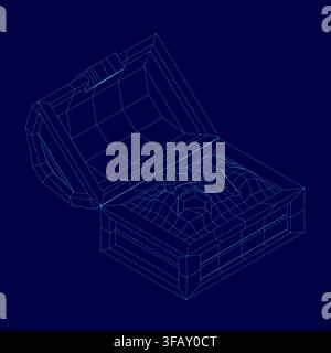 A 3D wireframe model of an open treasure chest reveals its golden contents against a stark blue background. Stock Vector