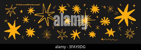 Crayon star icon set. Charcoal starburst shapes on black background. Cute vector set. Wax asterisk in yellow color. Vector design Stock Vector