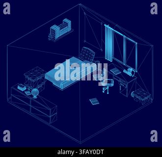 A child's bedroom blueprint in wireframe style features a central bed with an adjacent desk and chair. Books and personal items are thoughtfully scatt Stock Vector