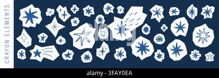 Crayon star icon set. Chalk pencil stars sparkle. Children drawing doodles. Hand cut vector shapes. Scrapbook collage elements. Handmade sticker on Stock Vector