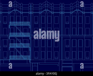 A detailed architectural blueprint highlights a city building's contour, featuring numerous windows and balconies for a comprehensive structural view. Stock Vector