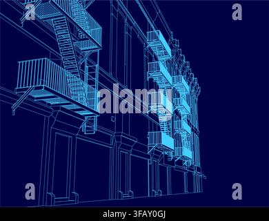 A detailed architectural blueprint of a city building contour, featuring a prominent external fire escape design against a dark blue background. Stock Vector