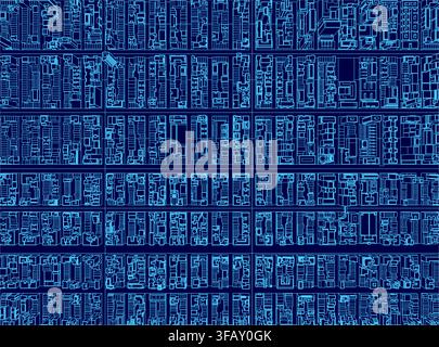 A detailed city blueprint highlights architectural contours and building density. The monochromatic blue tones create depth while emphasizing the intr Stock Vector