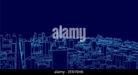 A blue cityscape features skyscrapers outlined in white against a dark blue background. The stark contour lines create a striking and modern silhouett Stock Vector