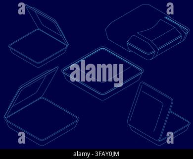 Detailed white box sketches on a solid blue background, each with a unique contour and size. This set of food container concepts provides a clean, min Stock Vector