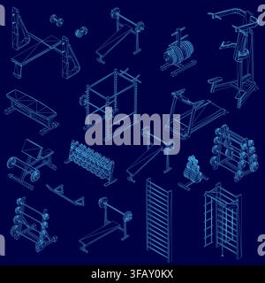 A detailed blueprint of various gym equipment on a blue background, providing a technical view of the set for low-impact exercise planning. Isometric Stock Vector