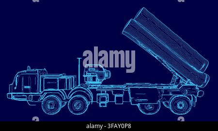A blue military missile launcher truck with a visible contour stands ready against a dark blue background. Stock Vector