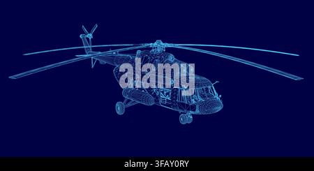 A detailed 3D wireframe model of a helicopter floats on a solid blue background, revealing its complex internal structure and mechanical blueprint. Stock Vector