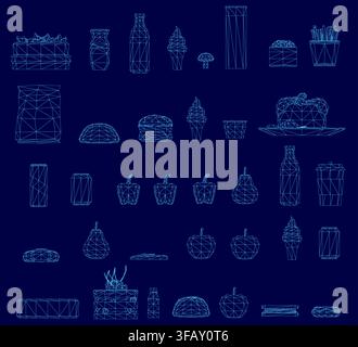 Low poly wireframe foods pack on a blue background, arranged in a vibrant grid with modern and stylish muted color icons. Stock Vector