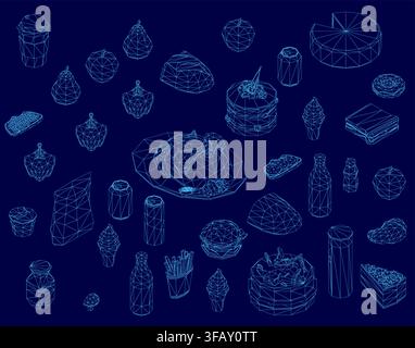 Low poly wireframe pack of foods and bottles arranged in a geometric pattern on a blue background. Isometric view Stock Vector